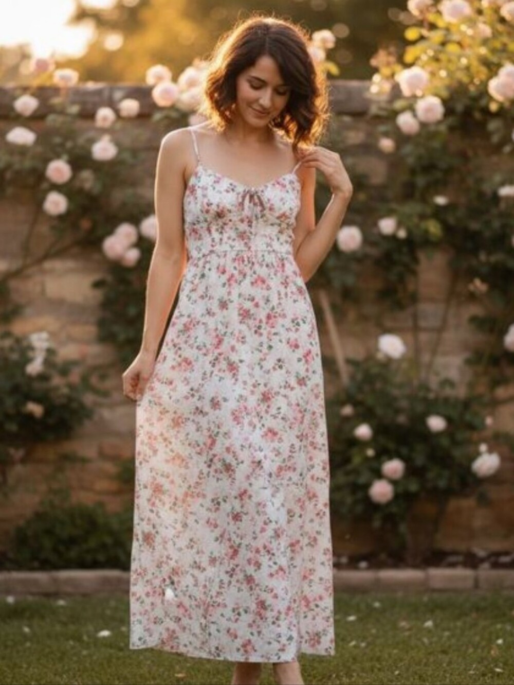Inspired Hearts White Maxi Dress with Peach Floral Print